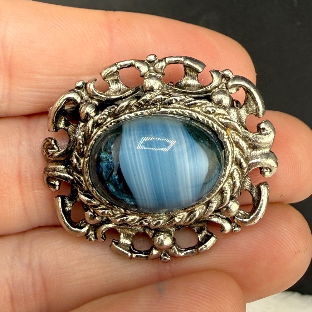 Vintage Estate Brooch Blue Glass Porphyry Silver Tone Filigree Oval